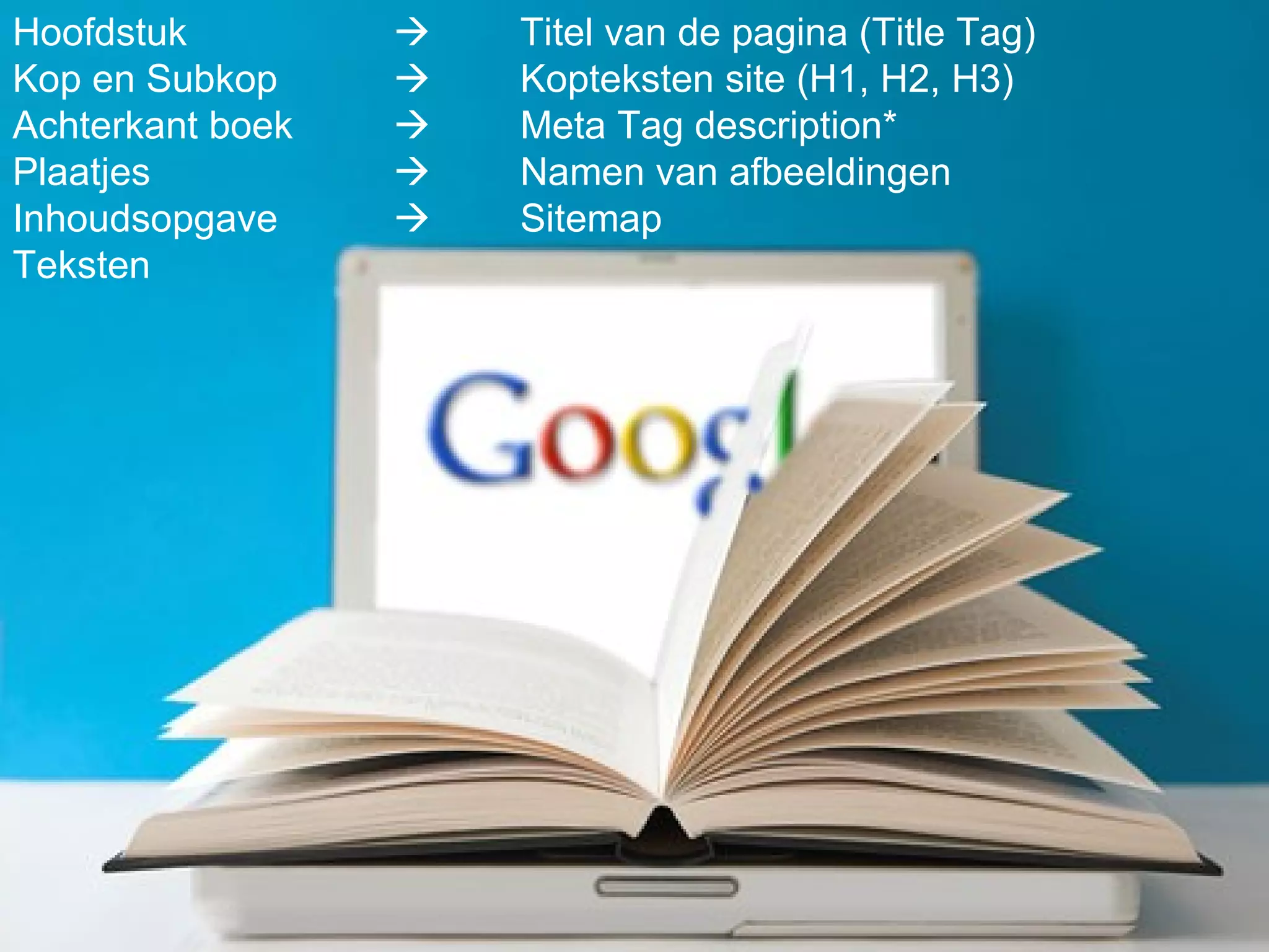 Hoofdstuk               Titel van de pagina (Title Tag)
Kop en Subkop           Kopteksten site (H1, H2, H3)
Achterkant boek         Meta Tag description*
Plaatjes                Namen van afbeeldingen
Inhoudsopgave           Sitemap
Teksten




                  Hoe werkt Google / SEO ?
 