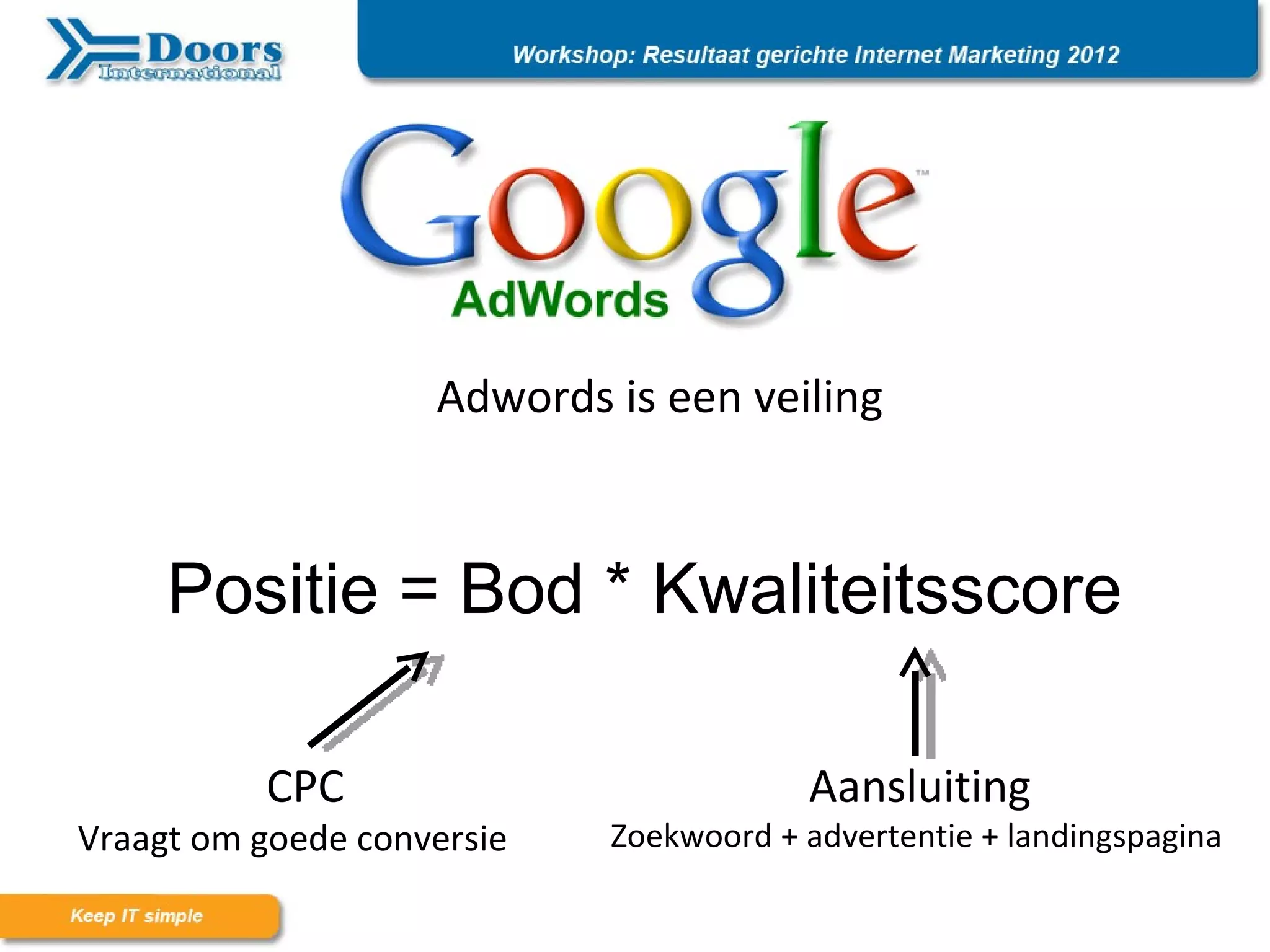 Adwords is een veiling



     Positie = Bod * Kwaliteitsscore

          CPC                           Aansluiting
Vraagt om goede conversie   Zoekwoord + advertentie + landingspagina
 