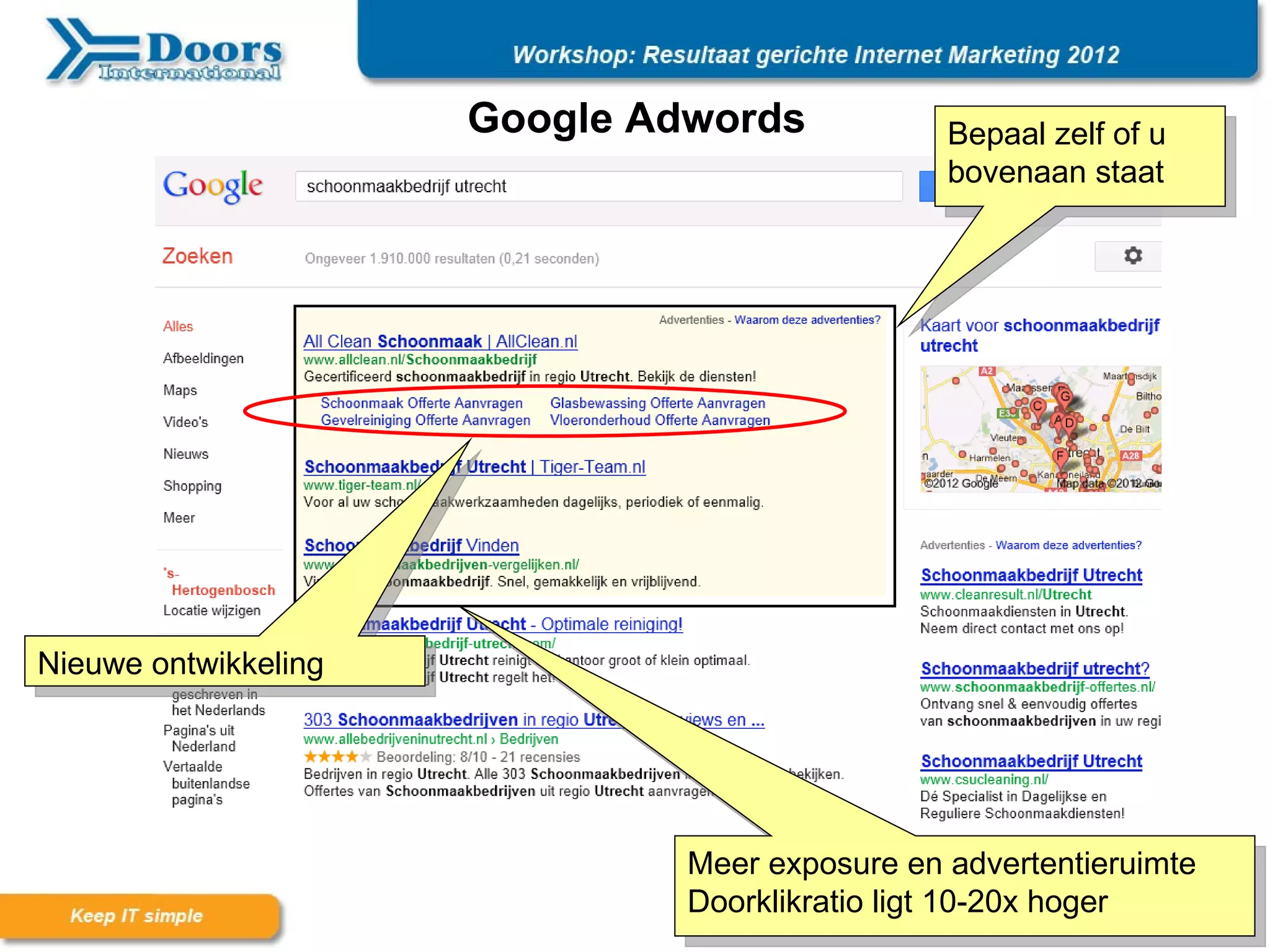 Google Adwords            Bepaal zelf of u
                                                bovenaan staat




Nieuwe ontwikkeling




                               Meer exposure en advertentieruimte
                               Doorklikratio ligt 10-20x hoger
 