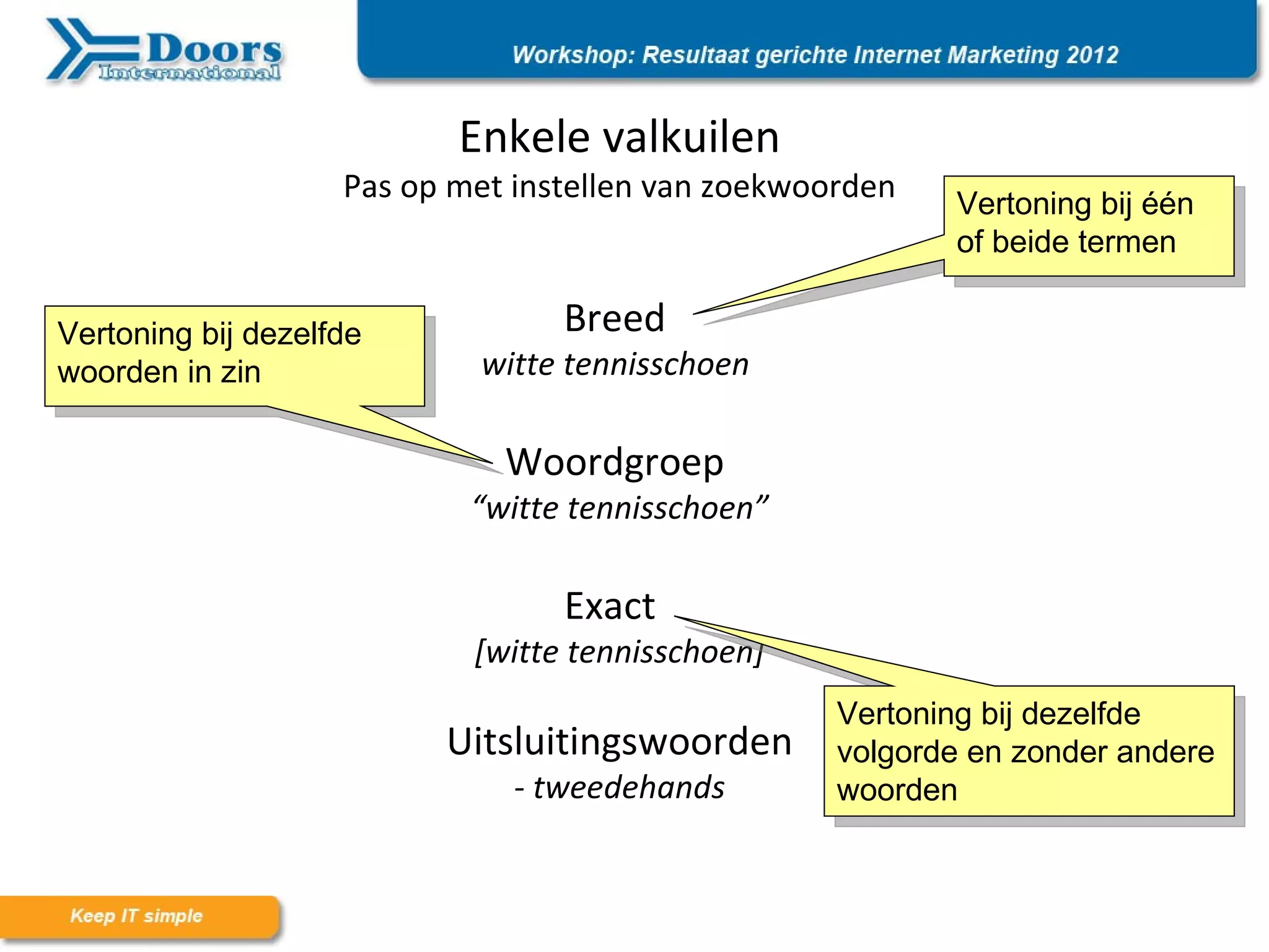 Enkele valkuilen
                    Pas op met instellen van zoekwoorden   Vertoning bij één
                                                           of beide termen

Vertoning bij dezelfde            Breed
woorden in zin              witte tennisschoen

                              Woordgroep
                            “witte tennisschoen”

                                  Exact
                            [witte tennisschoen]
                                                    Vertoning bij dezelfde
                          Uitsluitingswoorden       volgorde en zonder andere
                               - tweedehands        woorden
 