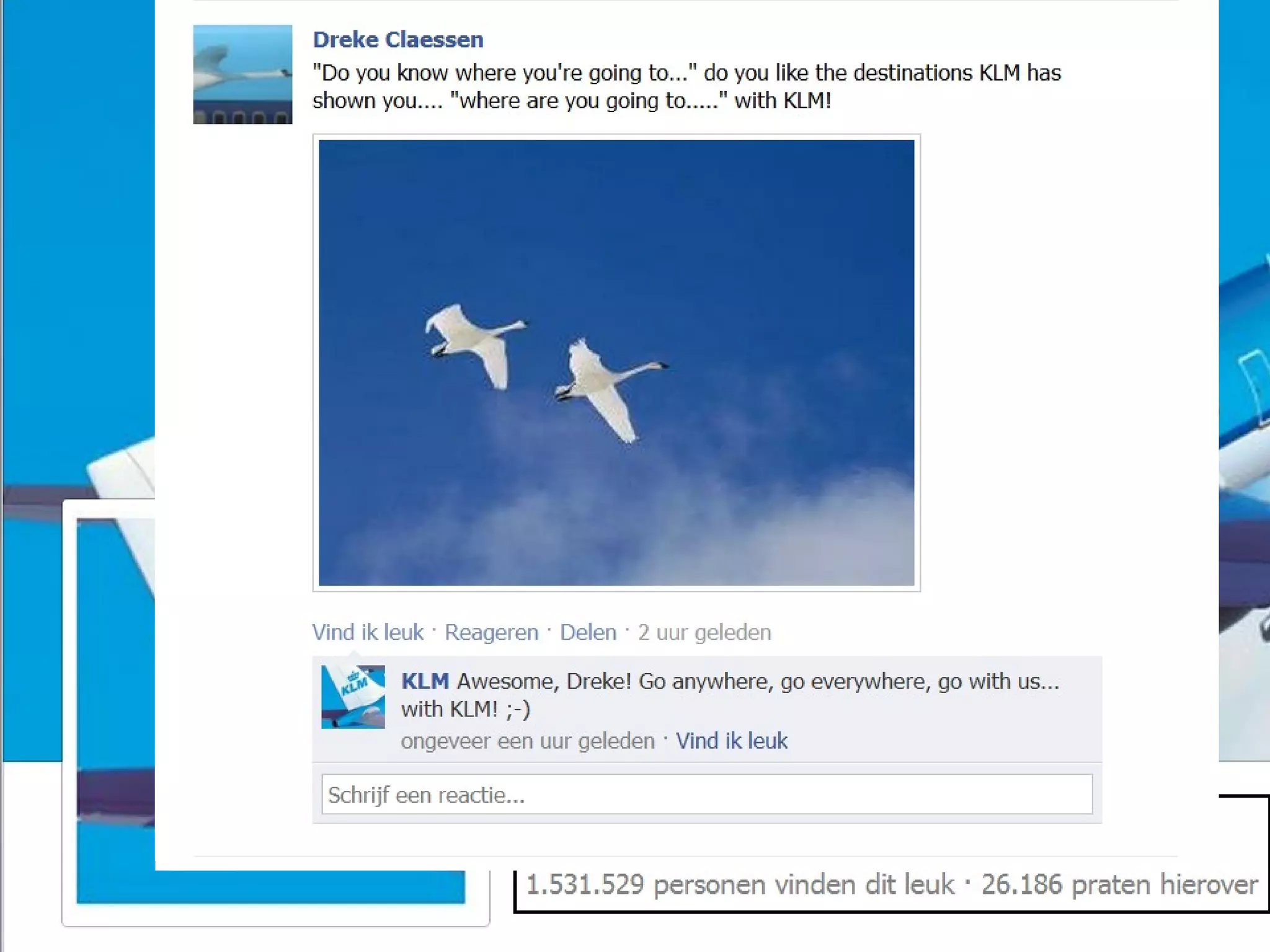 Interactief, Koppeling met de website Facebook
                    Voorbeeld KLM
 