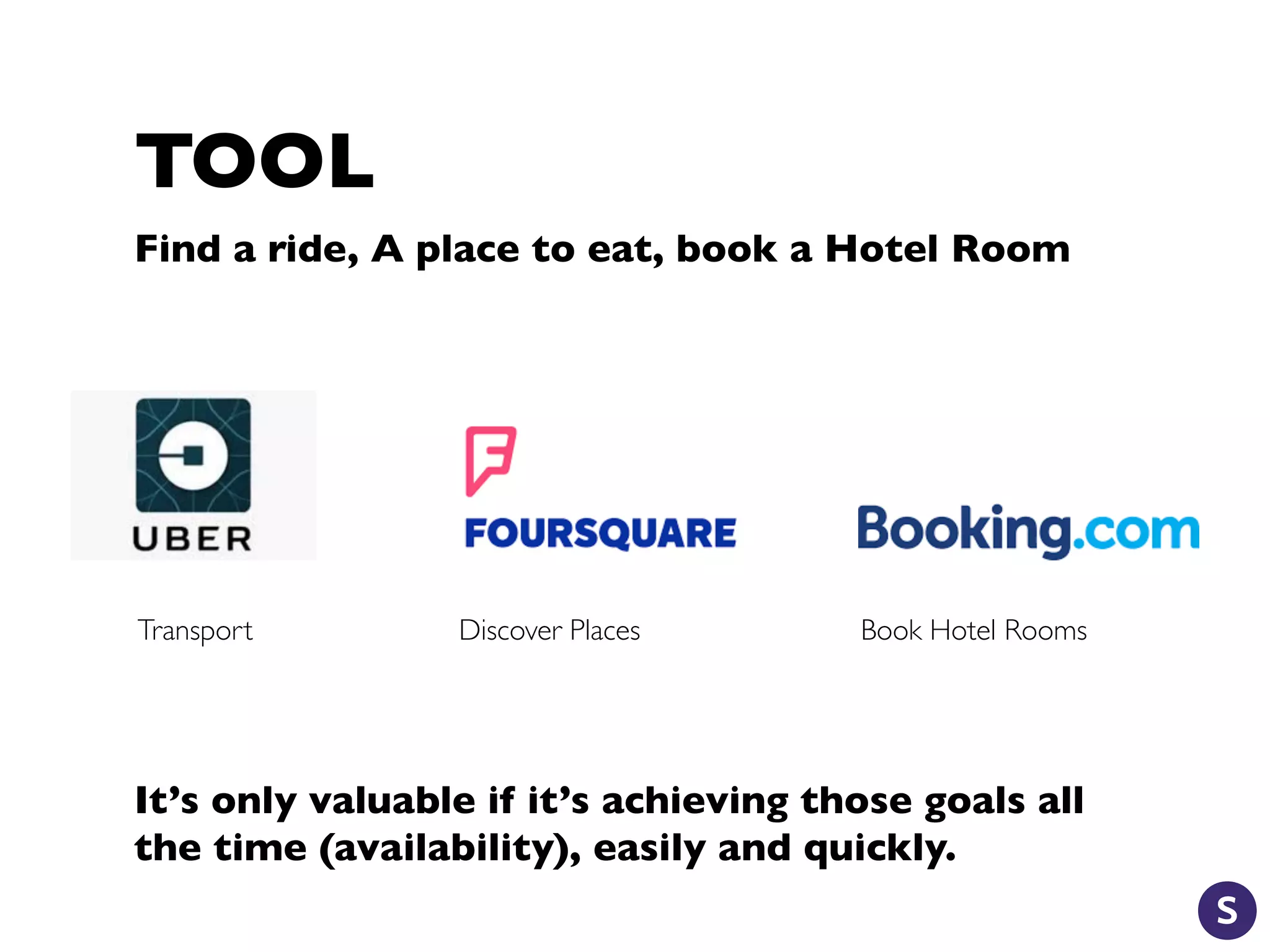 TOOL
Find a ride, A place to eat, book a Hotel Room
Transport Discover Places Book Hotel Rooms
It’s only valuable if it’s achieving those goals all
the time (availability), easily and quickly.
 