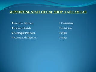 SUPPORTING STAFF OF CNC SHOP /CAD CAM LAB
Saeed A. Memon I.T Assistant
Rizwan Shaikh Electrician
Ashfaque Panhwar Helper
Kamran Ali Memon Helper
 