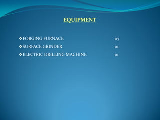 EQUIPMENT
FORGING FURNACE 07
SURFACE GRINDER 01
ELECTRIC DRILLING MACHINE 01
 