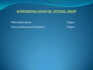 SUPPORTING STAFF OF FITTING SHOP
Bismillah Jamali Helper
Raza Muhammad Khaskheli Helper
 