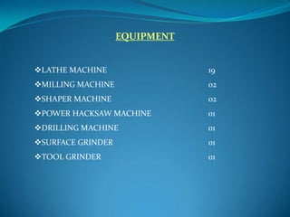 EQUIPMENT
LATHE MACHINE 19
MILLING MACHINE 02
SHAPER MACHINE 02
POWER HACKSAW MACHINE 01
DRILLING MACHINE 01
SURFACE GRINDER 01
TOOL GRINDER 01
 