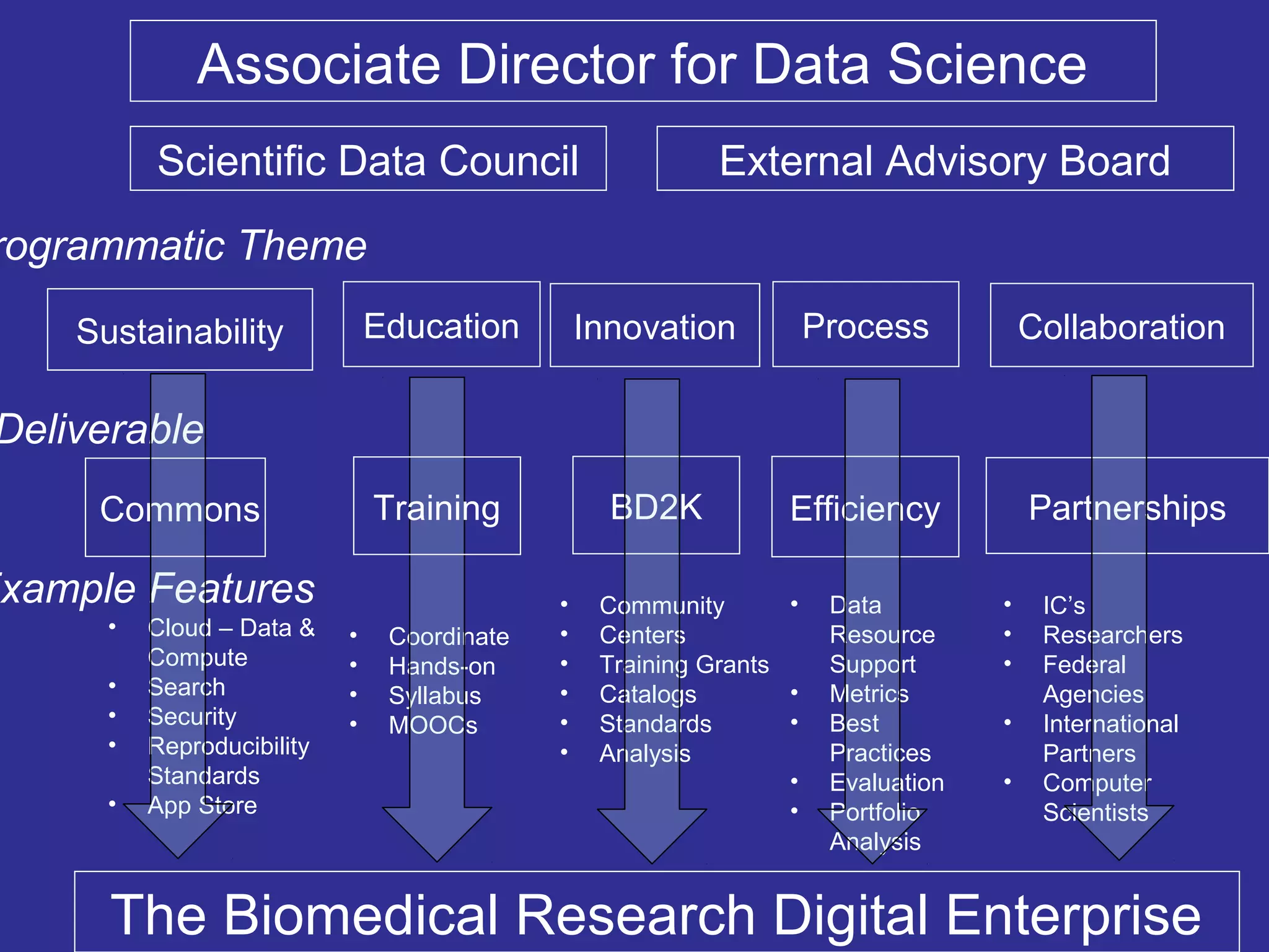 Associate Director for Data Science 
Scientific Data Council External Advisory Board 
Programmatic Theme 
Sustainability Education Innovation Process 
Deliverable 
Commons Training 
BD2K Efficiency 
Example Features • IC’s 
• Cloud – Data & 
Compute 
• Search 
• Security 
• Reproducibility 
Standards 
• App Store 
• Coordinate 
• Hands-on 
• Syllabus 
• MOOCs 
• Community 
• Centers 
• Training Grants 
• Catalogs 
• Standards 
• Analysis 
• Data 
Resource 
Support 
• Metrics 
• Best 
Practices 
• Evaluation 
• Portfolio 
Analysis 
Collaboration 
Partnerships 
• Researchers 
• Federal 
Agencies 
• International 
Partners 
• Computer 
Scientists 
The Biomedical Research Digital Enterprise 
 