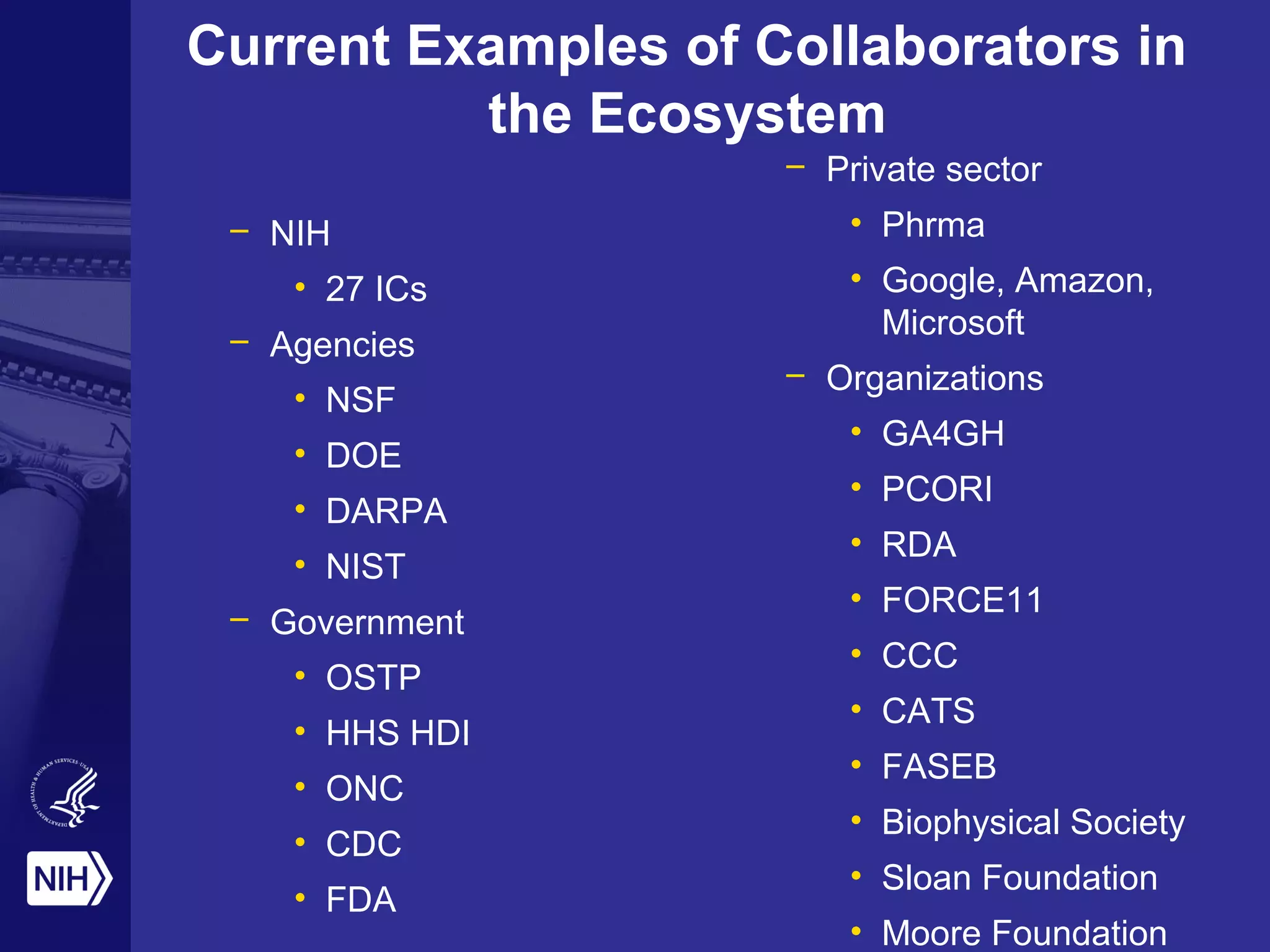 Current Examples of Collaborators in 
the Ecosystem 
– NIH 
• 27 ICs 
– Agencies 
• NSF 
• DOE 
• DARPA 
• NIST 
– Government 
• OSTP 
• HHS HDI 
• ONC 
• CDC 
• FDA 
– Private sector 
• Phrma 
• Google, Amazon, 
Microsoft 
– Organizations 
• GA4GH 
• PCORI 
• RDA 
• FORCE11 
• CCC 
• CATS 
• FASEB 
• Biophysical Society 
• Sloan Foundation 
• Moore Foundation 
 