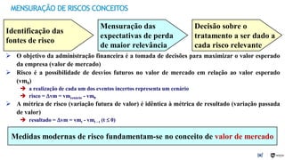 MENSURAÇÃO DE RISCOS CONCEITOS
33
Identificação das
fontes de risco
Mensuração das
expectativas de perda
de maior relevância
Decisão sobre o
tratamento a ser dado a
cada risco relevante
 O objetivo da administração financeira é a tomada de decisões para maximizar o valor esperado
da empresa (valor de mercado)
 Risco é a possibilidade de desvios futuros no valor de mercado em relação ao valor esperado
(vm0)
 a realização de cada um dos eventos incertos representa um cenário
 risco = Dvm = vmcenário - vm0
 A métrica de risco (variação futura de valor) é idêntica à métrica de resultado (variação passada
de valor)
 resultado = Dvm = vmt - vmt - t (t  0)
Medidas modernas de risco fundamentam-se no conceito de valor de mercado
 
