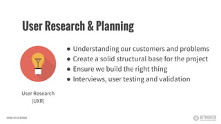 ● Understanding our customers and problems
● Create a solid structural base for the project
● Ensure we build the right thing
● Interviews, user testing and validation
User Research
(UXR)
User Research & Planning
INTRO TO UX DESIGN
 