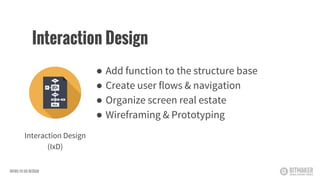● Add function to the structure base
● Create user flows & navigation
● Organize screen real estate
● Wireframing & Prototyping
Interaction Design
(IxD)
Interaction Design
INTRO TO UX DESIGN
 