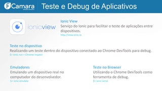 Teste e Debug de Aplicativos
Ionic View
Serviço do Ionic para facilitar o teste de aplicações entre
dispositivos.
http://view.ionic.io
Teste no Browser
Utilizando o Chrome DevTools como
ferramenta de debug.
$> ionic serve
Emuladores
Emulando um dispositivo real no
computador do desenvolvedor.
$> ionic emulate
Teste no dispositivo
Realizando um teste dentro do dispositivo conectado ao Chrome DevTools para debug.
$> ionic run + Chrome Inspect
 