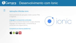 Aplicações Híbridas Ionic
Desenvolvimento de aplicações mobile usando HTML
e AngularJS.
Linguagem e componentes conhecidos
Com o Ionic é possível desenvolver os apps utilizando
linguagens de programação e componentes já
conhecidos dos programadores.
Compatível com diversas plataformas:
Desenvolvimento com Ionic
 