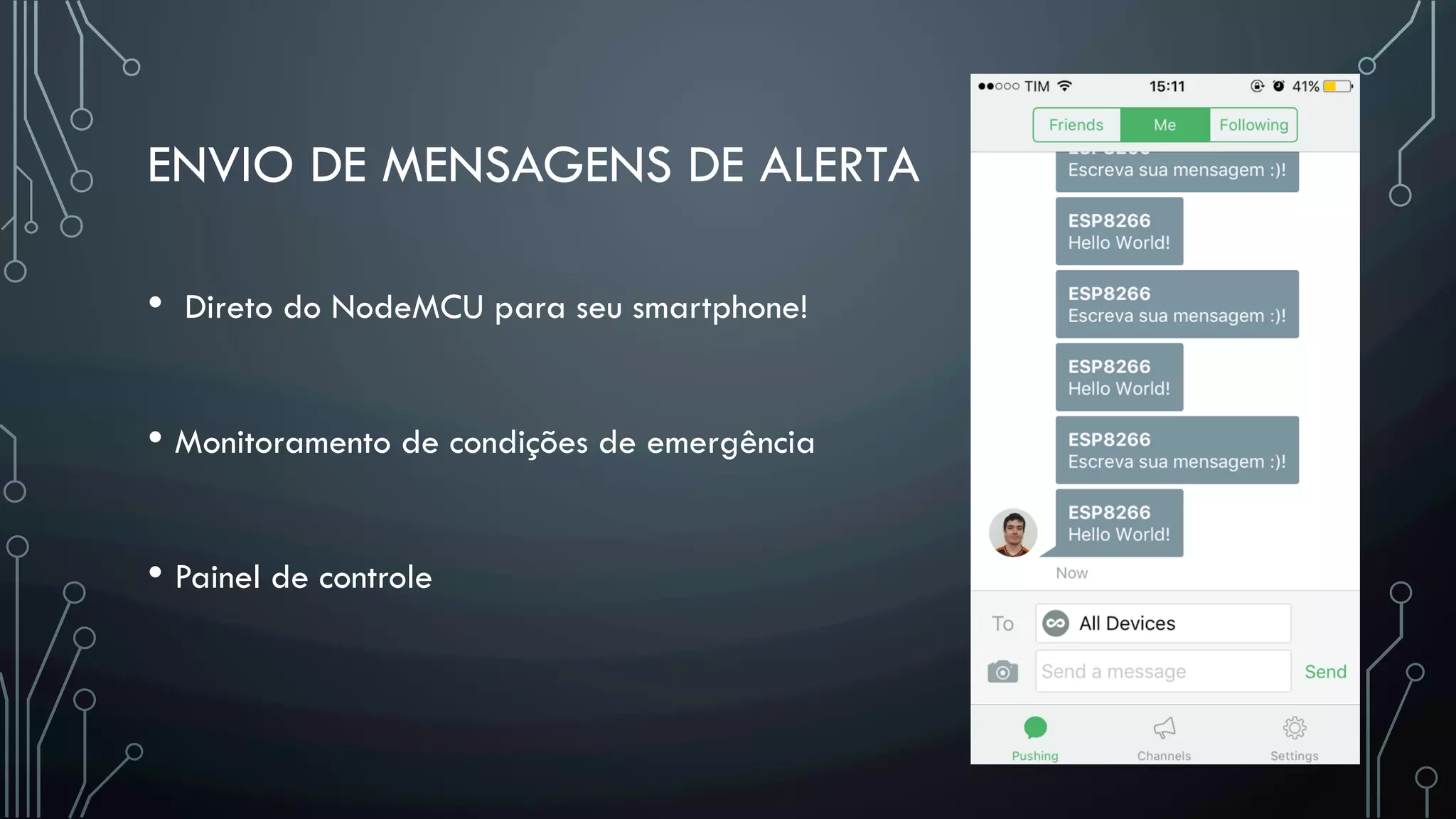 ENVIO DE MENSAGENS DE ALERTA
•  Direto do NodeMCU para seu smartphone!
• Monitoramento de condições de emergência
• Painel de controle
 