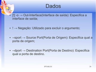 Dados
●   [!] -o → Out-Interface(Interface de saída): Especifica a
    interface de saída;

●   ! → Negação: Utilizado para excluir o argumento;

●   --sport → Source Port(Porta de Origem): Especifica qual a
    porta de origem;

●   --dport → Destination Port(Porta de Destino): Especifica
    qual a porta de destino.


                           IPTABLES                            20
 