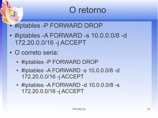 O retorno
●   #iptables -P FORWARD DROP
●   #iptables -A FORWARD -s 10.0.0.0/8 -d
    172.20.0.0/16 -j ACCEPT
●   O correto seria:
    ●   #iptables -P FORWARD DROP
    ●   #iptables -A FORWARD -s 10.0.0.0/8 -d
        172.20.0.0/16 -j ACCEPT
    ●   #iptables -A FORWARD -d 10.0.0.0/8 -s
        172.20.0.0/16 -j ACCEPT


                           IPTABLES             25
 