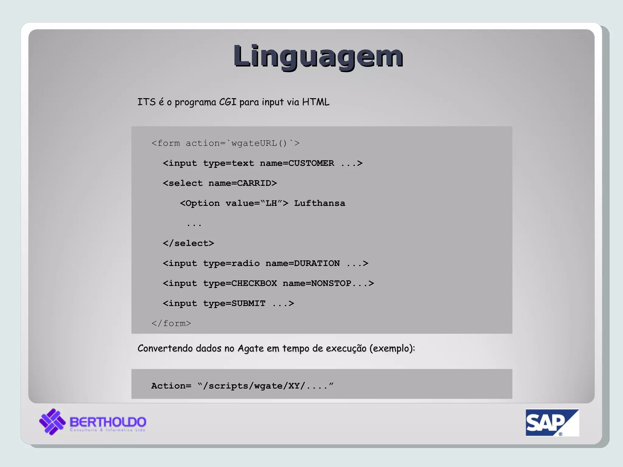 Linguagem
ITS é o programa CGI para input via HTML



  <form action=`wgateURL()`>

     <input type=text name=CUSTOMER ...>

     <select name=CARRID>

        <Option value=“LH”> Lufthansa

          ...

     </select>

     <input type=radio name=DURATION ...>

     <input type=CHECKBOX name=NONSTOP...>

     <input type=SUBMIT ...>

  </form>

Convertendo dados no Agate em tempo de execução (exemplo):


  Action= “/scripts/wgate/XY/....”
 