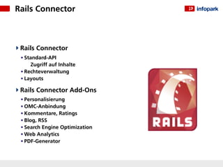 Rails Connector



 Rails Connector
 • Standard-API
     Zugriff auf Inhalte
 • Rechteverwaltung
 • Layouts

 Rails Connector Add-Ons
 • Personalisierung
 • OMC-Anbindung
 • Kommentare, Ratings
 • Blog, RSS
 • Search Engine Optimization
 • Web Analytics
 • PDF-Generator
 