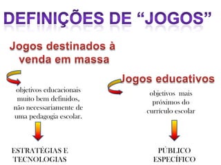 objetivos educacionais    objetivos mais
 muito bem definidos,       próximos do
não necessariamente de    currículo escolar
uma pedagogia escolar.



ESTRATÉGIAS E                PÚBLICO
TECNOLOGIAS                 ESPECÍFICO
 