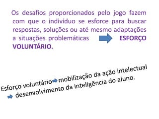 Os desafios proporcionados pelo jogo fazem
com que o indivíduo se esforce para buscar
respostas, soluções ou até mesmo adaptações
a situações problemáticas          ESFORÇO
VOLUNTÁRIO.
 