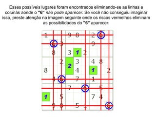 Esses possíveis lugares foram encontrados eliminando-se as linhas e
  colunas aonde o "6" não pode aparecer. Se você não conseguiu imaginar
isso, preste atenção na imagem seguinte onde os riscos vermelhos eliminam
                     as possibilidades do "6" aparecer:
 