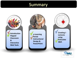  Introduction
 Flipped
Classroom
&
Interactive
Web Tools
 e-Learning
Portal
 Instructional
Design &
PowerPoint
 Creating i-
Lectures
using
Articulate
 Q&A
 