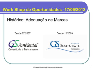 Work Shop de Oportunidades -17/06/2012

 Histórico: Adequação de Marcas


     Desde 07/2007                                         Desde 12/2009




                     GS Gestão Sustentável Consultoria e Treinamento       1
 