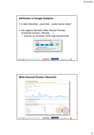 22.10.2013

Attribution in Google Analytics
in allen Berichten: „Last Click – außer der ist ‚direct‘“
neu (eigener Bereich): Multi Channel Funnels
(Customer Journey, Lifecycle, …)
• Achtung: nur die letzten 30-90 Tage berücksichtigt!

Multi-Channel-Trichter: Übersicht

13

 