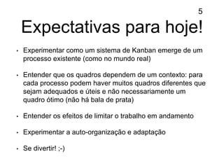 Expectativas para hoje!
• Experimentar como um sistema de Kanban emerge de um
processo existente (como no mundo real)
• Entender que os quadros dependem de um contexto: para
cada processo podem haver muitos quadros diferentes que
sejam adequados e úteis e não necessariamente um
quadro ótimo (não há bala de prata)
• Entender os efeitos de limitar o trabalho em andamento
• Experimentar a auto-organização e adaptação
• Se divertir! ;-)
5
 