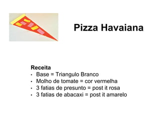 Receita
• Base = Triangulo Branco
• Molho de tomate = cor vermelha
• 3 fatias de presunto = post it rosa
• 3 fatias de abacaxi = post it amarelo
Pizza Havaiana
 