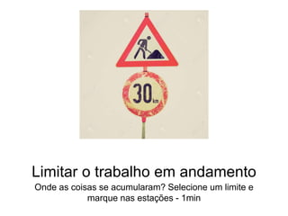 Limitar o trabalho em andamento
Onde as coisas se acumularam? Selecione um limite e
marque nas estações - 1min
 