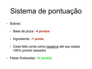 Sistema de pontuação
• Sobras:
• Base de pizza: -4 pontos
• Ingrediente: -1 ponto
• Cada fatia conta como negativa até que esteja
100% pronta! (assada)
• Fatias finalizadas: 10 pontos
 