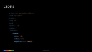 31Google Cloud Platform
apiVersion: extensions/v1beta1
kind: Deployment
metadata:
name: web
spec:
replicas: 12
template:
metadata:
labels:
name: web
color: blue
experimental: 'true'
Labels
 