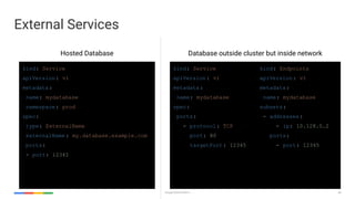 54Google Cloud Platform
External Services
kind: Service
apiVersion: v1
metadata:
name: mydatabase
namespace: prod
spec:
ty...