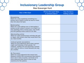 Go on a bias scavenger hunt
Bias or Blind Spot
Whose blind spot? Mine
or someone else’s?
How the bias is
holding us back
Male-bonding activity:
Watch for male-centered team activities like golf
or cigars. Ask women what they would like to do
as a team builder.
Mansplaining:
Watch for a man explaining something to a
woman who is likely to know as much or more
than him about the topic.
Manterrupting:
Watch for a man talking over or interrupting a
woman as she voices a concern or an idea; or a
man repeating what a woman says, only louder,
and then getting undue credit for her idea.
Irrelevant gender assumptions:
Watch for pre-judgments about what a person
might want because of their gender. For
instance, reading CVs and assuming a woman
won’t want to move or travel because she may
be a mother.
Gender Leadership Group
Be Time aware:
Watch for snap judgments that reward men.
Research shows that unconscious bias tends to
favor men in time crunches, and tends to be
more balanced when there is time to fully
examine all of the options.
Bias Scavenger Hunt
Inclusionary Leadership Group
 