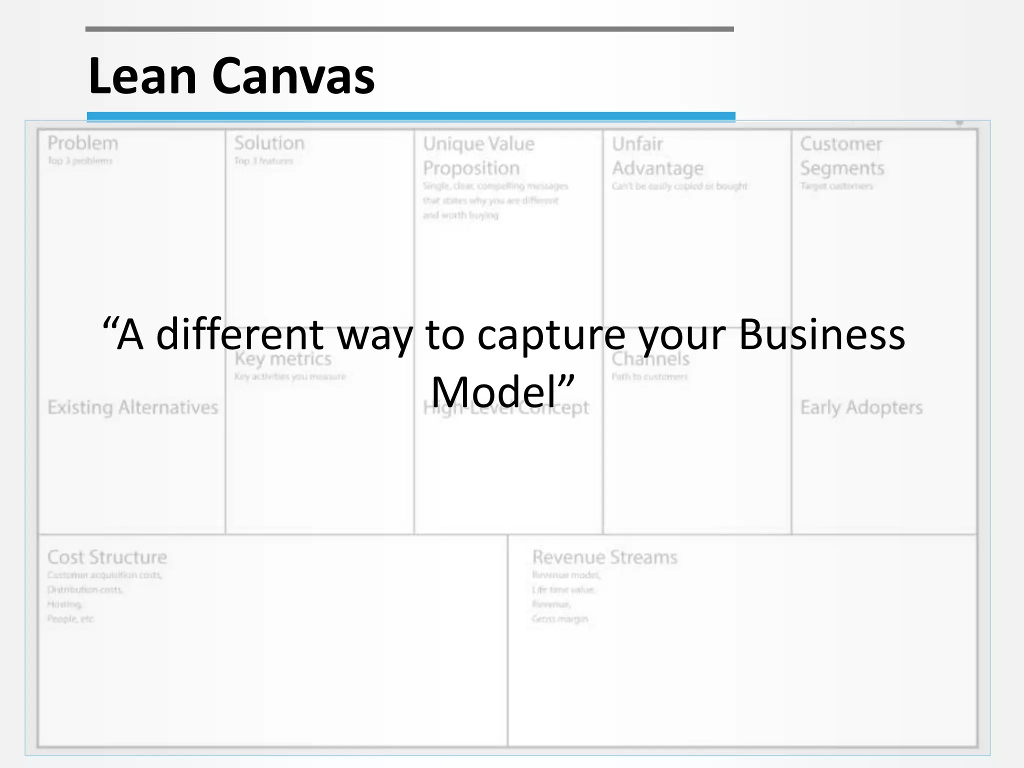 Lean Canvas 
“A different way to capture your Business 
Model” 
 