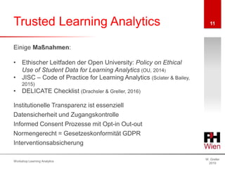 Trusted Learning Analytics
W. Greller
2019
Workshop Learning Analytics
11
Einige Maßnahmen:
• Ethischer Leitfaden der Open University: Policy on Ethical
Use of Student Data for Learning Analytics (OU, 2014)
• JISC – Code of Practice for Learning Analytics (Sclater & Bailey,
2015)
• DELICATE Checklist (Drachsler & Greller, 2016)
Institutionelle Transparenz ist essenziell
Datensicherheit und Zugangskontrolle
Informed Consent Prozesse mit Opt-in Out-out
Normengerecht = Gesetzeskonformität GDPR
Interventionsabsicherung
 