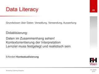 Data Literacy
W. Greller
2019
Workshop Learning Analytics
22
Didaktisierung:
Daten im Zusammenhang sehen!
Kontextorientierung der Interpretation
Lernziel muss festgelegt und realistisch sein
Grundwissen über Daten: Verwaltung, Verwendung, Auswertung
Erfordert Kontextualisierung
 