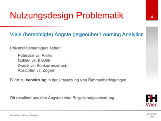 Nutzungsdesign Problematik
W. Greller
2019
Workshop Learning Analytics
4
Universitätsmanagers sehen:
Potenzial vs. Risiko
Nutzen vs. Kosten
Zweck vs. Konkurrenzdruck
Absichten vs. Zögern
Führt zu Verwirrung in der Umsetzung von Rahmenbedingungen
Viele (berechtigte) Ängste gegenüber Learning Analytics
Oft resultiert aus den Ängsten eine Regulierungserwartung
 
