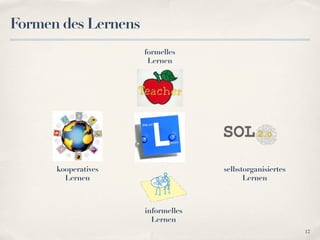 Formen des Lernens
                     formelles
                      Lernen




      kooperatives                 selbstorganisiertes
        Lernen                           Lernen



                     informelles
                       Lernen
                                                         12
 
