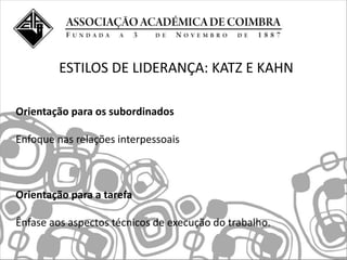 ESTILOS DE LIDERANÇA: KATZ E KAHN

Orientação para os subordinados

Enfoque nas relações interpessoais



Orientação para a tarefa

Ênfase aos aspectos técnicos de execução do trabalho.
 