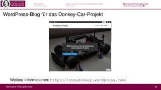 Motivation Ziele, Chancen und Herausforderungen Alternative Prüfungsformen
WordPress-Blog für das Donkey-Car-Projekt
Weite...