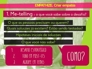 EMPATHIZE. Criar empatia

1. Me-telling : o que você sabe sobre o desafio?
O que as pessoas precisam ou querem?
Quais soluções já existem? Estão sendo testadas?
Hipóteses iniciais de soluções
O que você não sabe?

1.
2.
3.

Desafio estratégico
Tudo em post-its
Agrupe em temas

como?

 