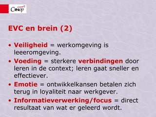 EVC en breinEVC = het erkennen van eerder verworven competenties….het ervaringscertificaat.Leren doe je overal, verbindingen worden sterker als je in de context leert.Verzilveren leren op de werkplek kan met EVC.