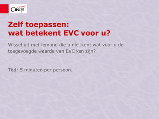 EVC en brein (2)Veiligheid = werkomgeving is leeeromgeving.Voeding = sterkere verbindingendoor leren in de context; leren gaat sneller en effectiever. Emotie = ontwikkelkansen betalen zich terug in loyaliteit naar werkgever.Informatieverwerking/focus = direct resultaat van wat er geleerd wordt.