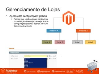 Gerenciamento de Lojas
•   Ajustes das configurações globais
     o Permite que você configure parâmetros
       por definição de escopo, ou seja, aplicar
       configuração global ou apenas para um
       determinado website.
 