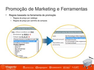 Promoção de Marketing e Ferramentas
•   Regras baseada na ferramenta de promoção
     o Regras de preço por catálogo
     o Regras de preço por carrinho de compras
 