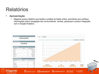 Relatórios
•   Apresentação
     o Magento possui relatório que facilite a análise do lojista online, permitindo que verifique
       informações sobre navegação dos consumidores, vendas, pesquisas e possui integração
       com o Google Analytics.
 
