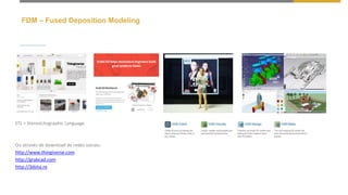 FDM – Fused Deposition Modeling
STL = StereoLitographic Language
Ou através de download de redes sociais:
http://www.thingiverse.com
http://grabcad.com
http://3dsha.re
 