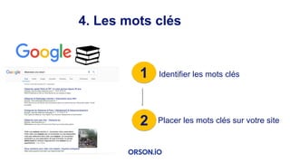 1 Identifier les mots clés
2
4. Les mots clés
Placer les mots clés sur votre site
 